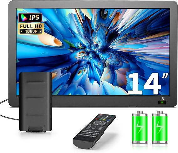 14 inch Portable TV with Upgraded Antenna, LCD Monitor 1080P | HDMI/USB/AV in, Small Portable TV for Camping, Car, RV, Home, Remote Control