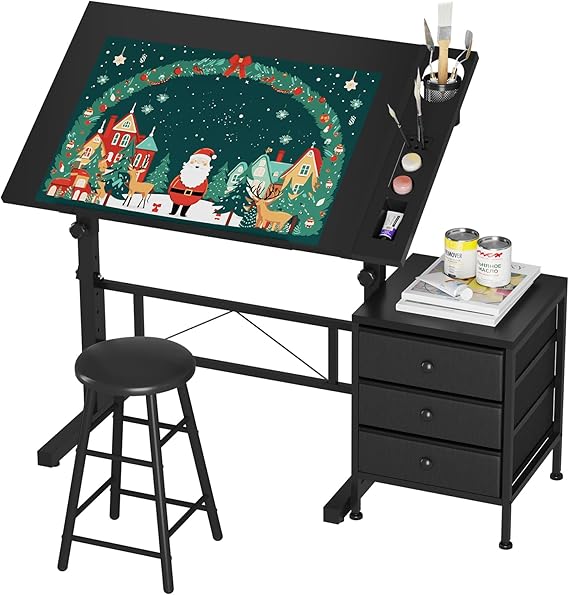 Dripex Adjustable Drafting Table, Art Drawing Table with Stool & Drawer | Height Adjustable, Cabinet with 3 Drawers, 0° to 60° Tiltable Drafting Table, Detachable Stationery Tray, for Artist Work