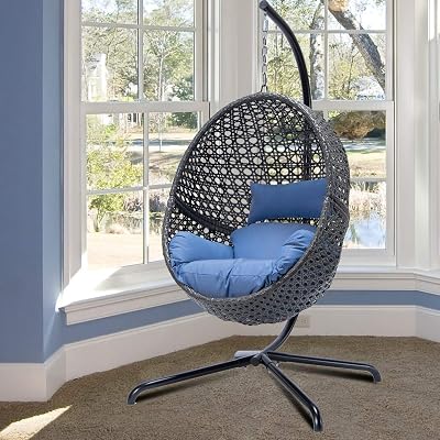 Egg Chair X-Large Outdoor Indoor Hanging Chair with Stand Rattan Wicker Porch Swing Chair with UV Resistant Blue Cushion Chair Swing for Patio Bedroom Balcony Charcoal