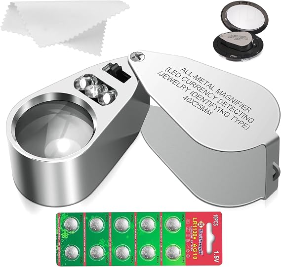 40X Jewelers Loupe, Full Metal Illuminated Jewelry Loop Magnifier, Pocket Folding Magnifying Glass with 10 Backup Batteries, for Currency Detecting, Coin, Diamonds, Gems, Jewelry, Stamps Close Work