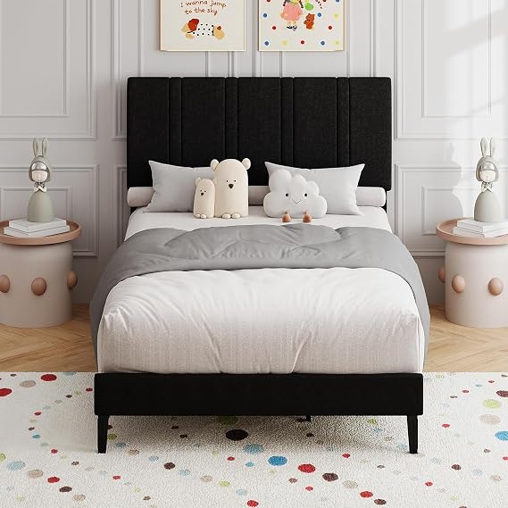 MaverickFurni Twin Bed Frame for Kids with Upholstered Headboard, Black