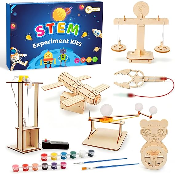6 Pieces Science Experiments for Kids Ages 8–14, Electronics Kit STEM Educational Toy, Experiment Kit with Wooden DIY Building Kit 3D Puzzle, Technology Toy Gift for Boys and Girls