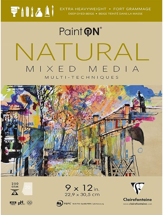 Clairefontaine - Ref 975485C - Paint'ON Mixed Media Natural Glued Pad (20 Sheets) - 22.9 x 30.5cm (9 x 12in), 250gsm Heavyweight Paper, Acid Free (USA Version)