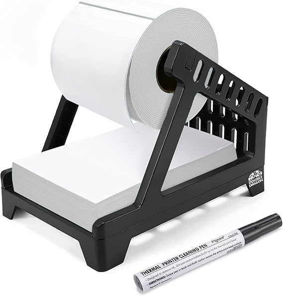 Thermal Label Holder and Dispenser for 4x6 Labels, Compatible with Double Dragon, Munbyn, Fanfold & Roll Labels, Includes Cleaning Pen – Thermal Printer Accessory for Shipping Stickers (Black)