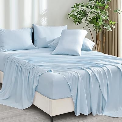 PHF 6PCS 100% Rayon Derived from Bamboo_ Sheets Set King Size, Cooling Sheets for Hot Sleepers, Wider Elastic Band & 16 Deep Pocket, Luxury Silky Soft Breathable Bedding Set & Pillowcase, Sky Blue