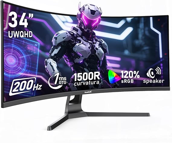 Gawfolk 34 Inch Ultrawide Curved 200Hz Gaming Computer Monitor,1500R PC Screen 21:9 UWQHD (3440x1440),120% sRGB,Adaptive Sync,Built-in Speaker,HDMIDisplay Port,Compatible with Wall mounting-Black