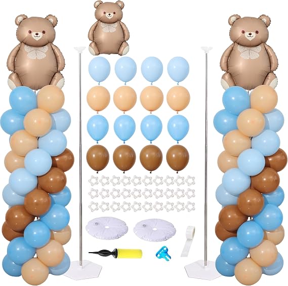 Blue and Brown Bear Balloon Column Stand Kit Set of 2 for Floor | We Can Bearly Wait Baby Shower Decorations with Blue Brown Balloons for Gender Reveal Neutral Beary First Birthday Decor
