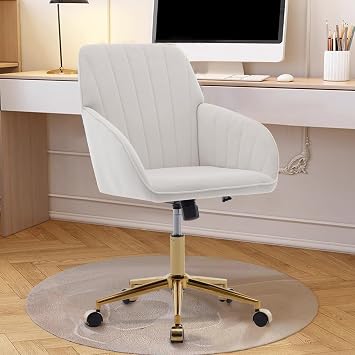 Velvet Office Chair Vanity Chairs Upholstered Home Office Desk Chairs with Adjustable Swivel Wheels, Ergonomic for Living Room, Bedroom, Office, Vanity Study (Beige+Golden Base)