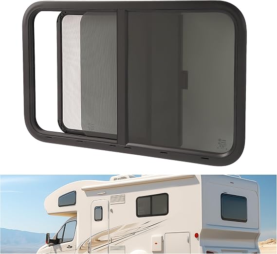 Wutist 35" W X 22" H RV Window Teardrop Horizontal Slide RV Window W/Net | Screen, Trim Ring For 1-1/2" Wall Thickness For Cargo Travel Trailer, Camper, Cargo Van