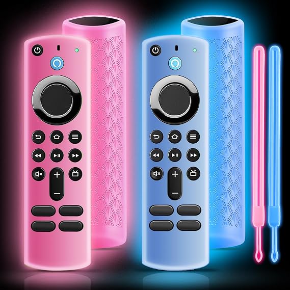 ONEBOM (2 Pack) Silicone TV Remote Cover,Anti Slip Silicone Protective Case with Same Color Lanyard(Glow Pink&Glow Blue)