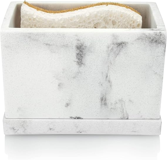White Marble Kitchen Sponge Holder, Modern Kitchen Sink Caddy with Drain Tray