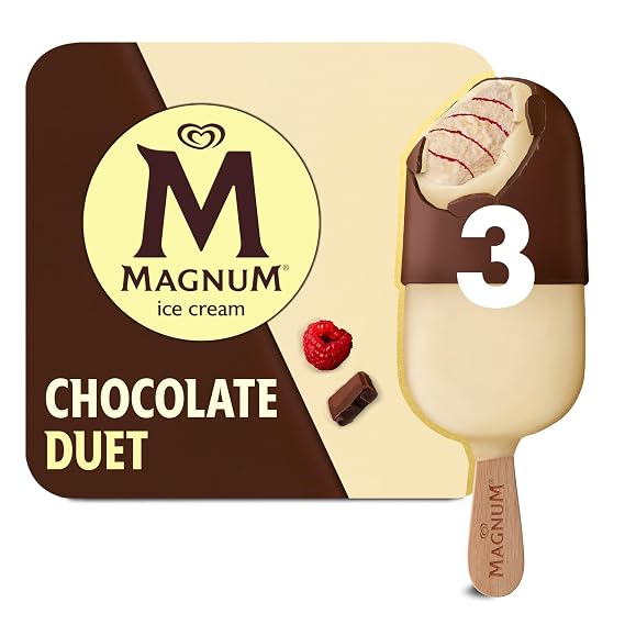 Magnum Ice Cream Bars For an Indulgent Frozen Treat Chocolate Duet Vanilla Ice Cream With a Raspberry Swirl. Made with Belgian Chocolate 8.62 oz 3 Count