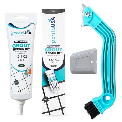 PentaUSA Large Grey Grout Filler and Grout Removal Tool Bundle - 13.4 oz Fast Drying Grout Repair Kit, Restores Tiles Joints, Tile Grout Scraper Saw