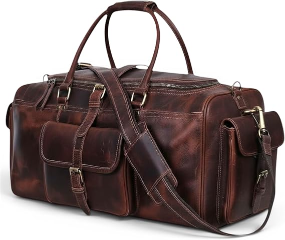 Leather Duffle Bags for Men - 21 Inch Full Grain Leather travel bag, leather overnight bag, Mens Leather Bag, Carry On Leather Weekender Bag, Airplane Leather Luggage Duffel Gym Bag