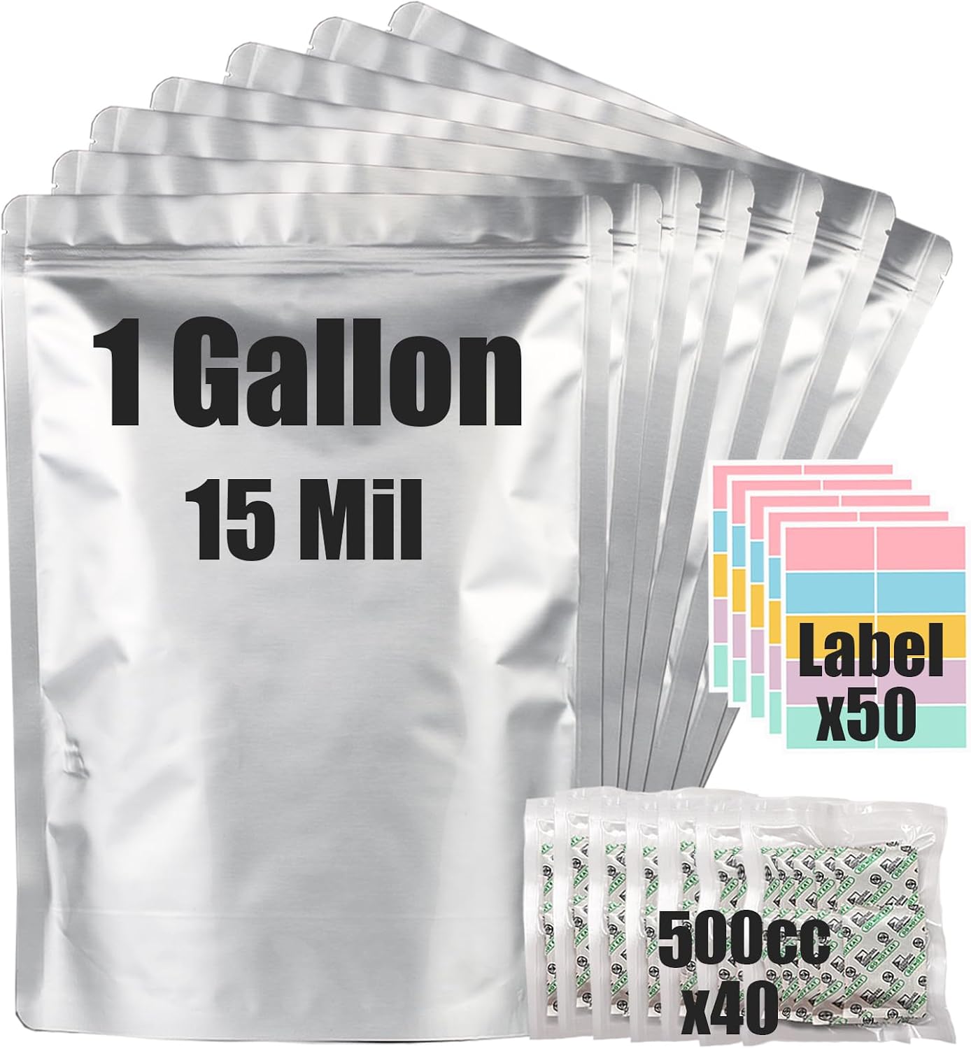 30pcs 1 Gallon Mylar Bags for Food Storage (15 Mil Extra Thick 7.5 Mil Each Side) with Oxygen Absorbers 400CC (40pcs), 10"x14" Heat Sealable Zipper Mylar Bags for Long Term Food Storage