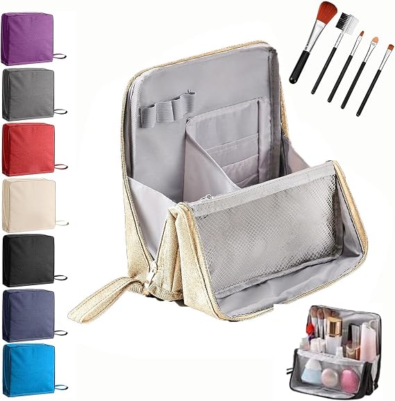 Standing Makeup Bag, Portable Large Capacity Cosmetic Toiletry Bag, Multi-Purpose Waterproof Storage Pouch with Compartments, Stationery Organizer for Home, Vacation (Beige)