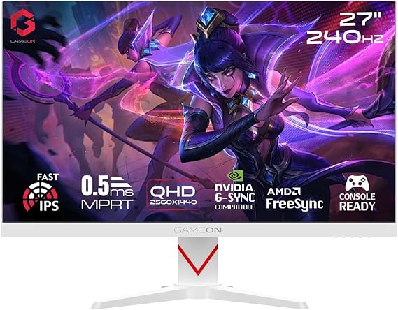 GAMEON Dominator Series 27” Fast IPS Gaming Monitor – QHD 2560x1440, 240Hz Overclocked, 0.5ms MPRT, HDR400, FreeSync &amp; G-Sync Compatible, HDMI 2.1 &amp; DP 1.4, Console Compatible, GOAD27QHD240IPS - White