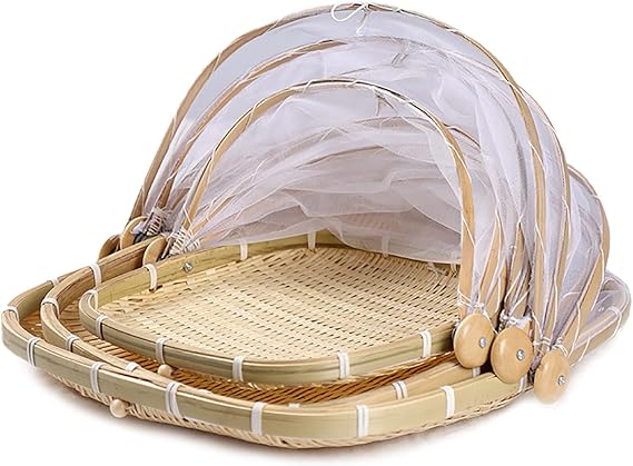 3Pcs Bamboo Food Serving Tent Basket with Cover, Square Hand-Woven Covered Bread & Vegetable Fruit Basket Dustproof Food Storage Container with Mesh for Indoor Outdoor Home Kitchen Picnic (S+M+L)