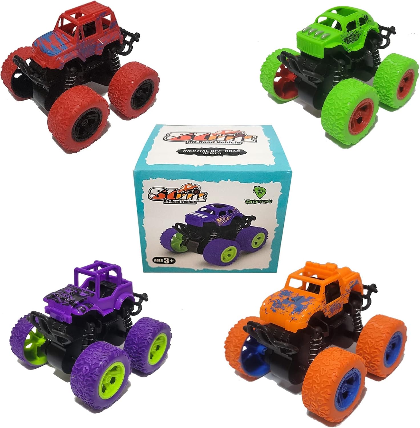 Monster Truck, Monster Truck for Boys Friction Monster Truck, Monster Jam Truck, Kids Car Toy Set, Friction Stunt Compatible, Suitable for Ages 3 and Up 4 Pieces