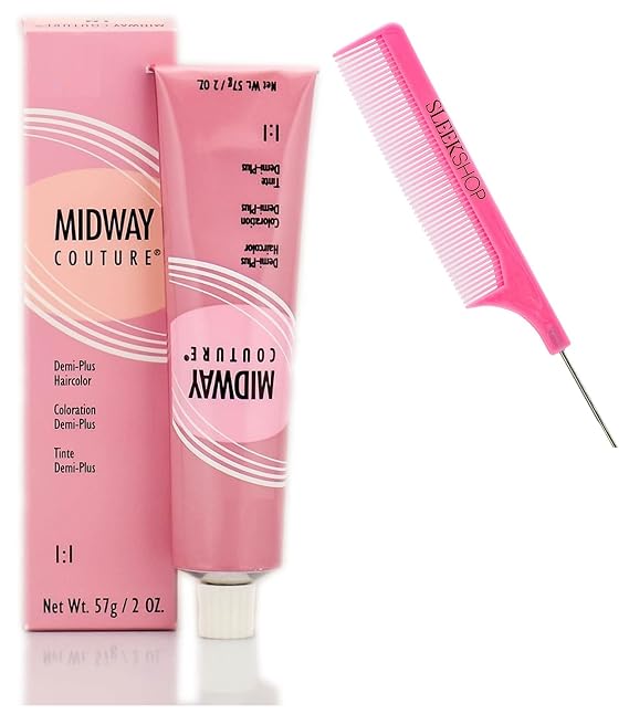 MIDWAY COUTURE by WeIIa Demi-Plus Haircolor Dye, Mid Way Demi Permanent Hair Color (w/SIeekshop Argan-Oil Infused PINK Rat Tail Steel Pin Comb) (1N Black)