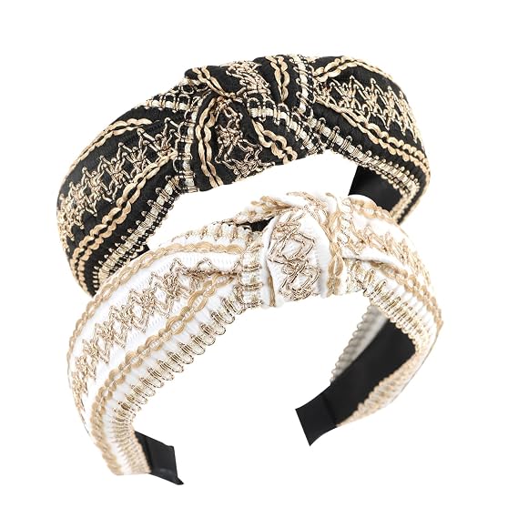 YISSION 2PCS Knotted Headbands for Women & Girls - Non Slip Wide Embroidery Boho Fashion Top Knot Headbands - Black & White Vintage Hair Accessories