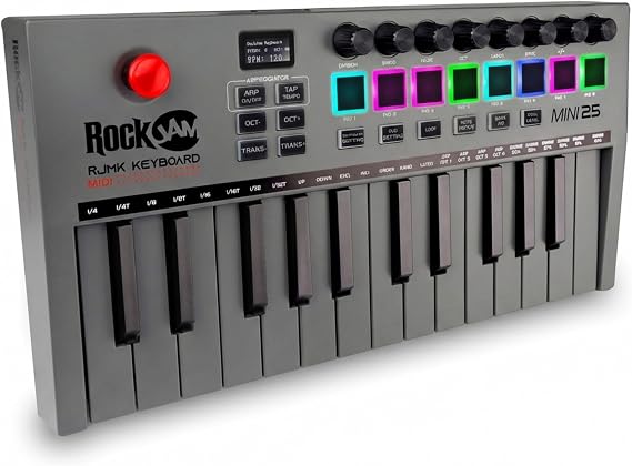 RockJam RJMK25 25 Key USB MIDI Keyboard Controller with Drum Pads | Rechargeable USB MIDI controller with 25 velocity sensitive mini keys, 8 backlit drum pads and 8 control knobs