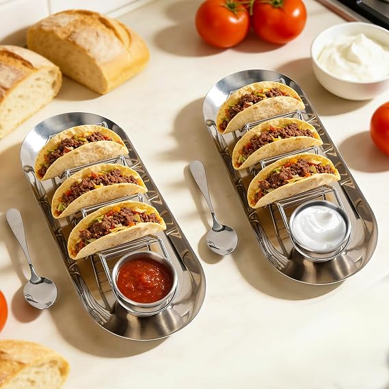 Taco Holder Set of 2, Stainless Steel Taco Stand with Tray & Sauce Cup | Stainless Steel Taco Holder Set with Tray, Sauce Cups & Spoon, Dishwasher Safe Taco Stand for Family Meals and Parties