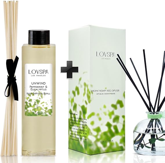 Unwind Peppermint & Eucalyptus Reed Diffuser Refill, 4 oz, Bundle with Unwind Peppermint & Eucalyptus Reed Diffuser Set - Made with Essential Oils in the USA