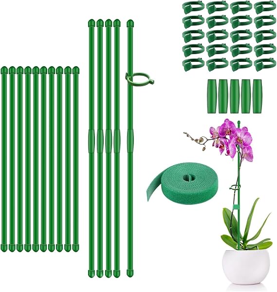 Adjustable Plant Support Stakes with Clips for Climbing Plants | 36pcs Set with 30cm Stakes, Clips, Connectors and Velcro. Adjustable Support for Orchids, Tomatoes and Potted Plants