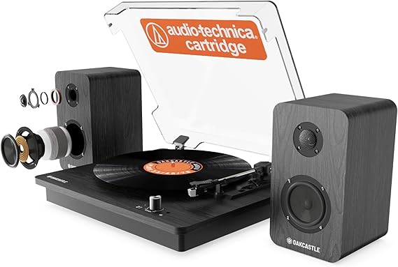 Oakcastle TT200 Vinyl Record Player with Speakers | Bluetooth Turntable | Vinyl Player with Speakers, Multi-Playback Options | AUX &amp; Headphone Jack | 45RPM Adaptor &amp; Audio Technica Cartridge Included