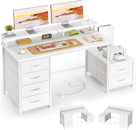 128cm Desk with Fabric File Cabinet, Computer Desk with Shelves and Drawers, Writing Table with Monitor Stand, Study Table Workstation for Home Office, White