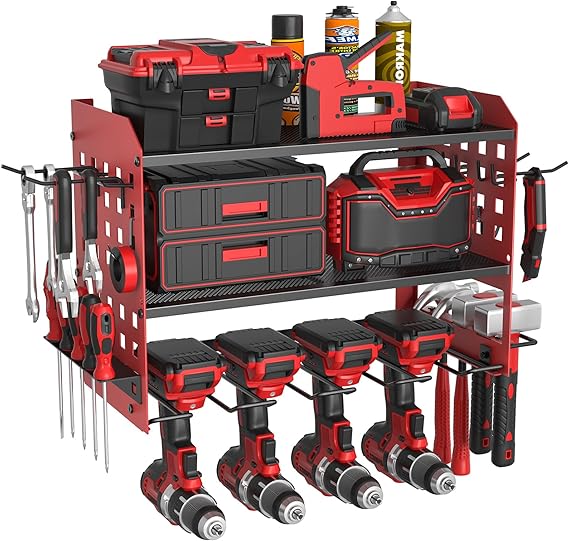 Yeabett 3 Layer Power Tool Storage, Tool Rack for 4 Drill Holders, Heavy Duty Wall Mounted Rack for Garage, Home, Workshop (Red)