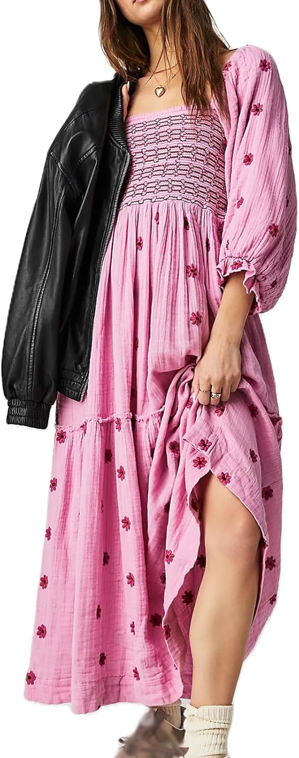 RZDYSQ Women Puff Sleeve Embroidered Maxi Dress, Square Neck Tiered Flowy A-Line Dress Pink, 1