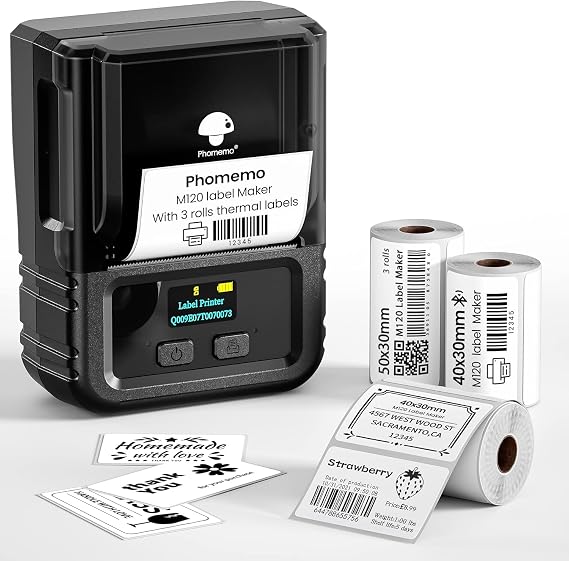 Phomemo M120 Label Maker, 2 Inch Bluetooth Thermal Label Printer with Label | (4030/4030/5030mm), Label Maker Machine for Small Business, Barcode, Address, Sticker Printer for Phone & PC