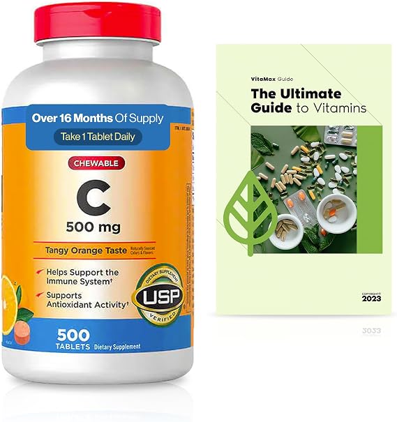 KKL Chewable Extra Strength Vitamin C 500 mg, 500 Count, Immune & Antioxidant Support, Daily Dietary Supplement + Exclusive Vtmx Vitamin Guide (2 Items)