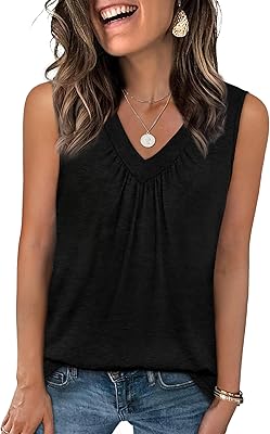 OFEEFAN Tank Top for Women Loose Fit Sleeveless Shirts V Neck Summer Clothes Ruched Womens Tees and Tanks Curved Hem