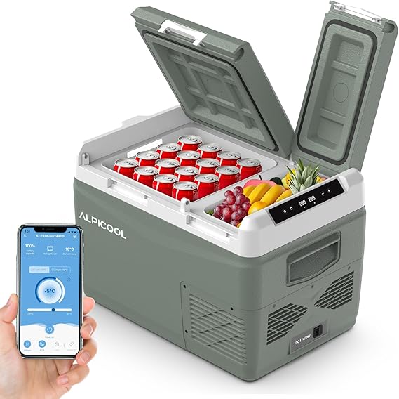 Alpicool KLS38 31L Compressor Car Fridge Dual Zone APP Control Freezer | 12V/24V DC and 100-240V AC for cars, campervans, caravans and camping,Green, with Ice Box,20°C to 20°C