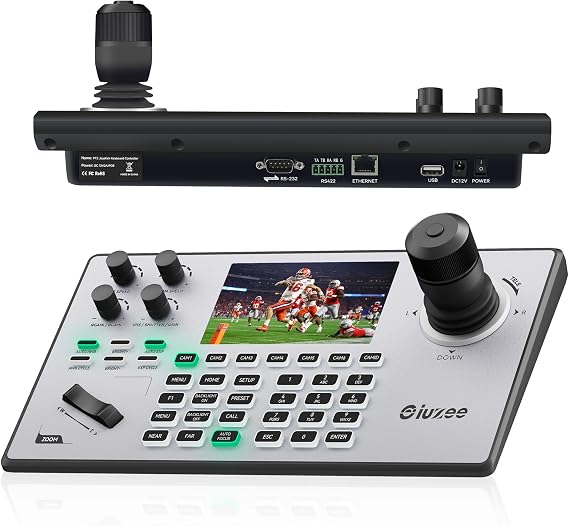 iuZee NDI PTZ カメラコントローラー、リアルタイム5インチLCDスクリーンプレビュー、教会ライブ、ストリーミング、イベントなどのための4Dジョイスティック付きPoE電源IPコントローラーキーボードをサポート NDIライセンス付属