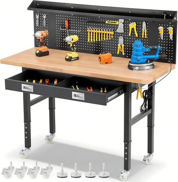 ENJOYWOOD 60-Inch Heavy Duty Workbench with Wheels, Adjustable Height | Solid Rubberwood Top Garage Work Table with Drawers, Pegboard, Power Outlets & LED Light for Workshop, Repair & DIY