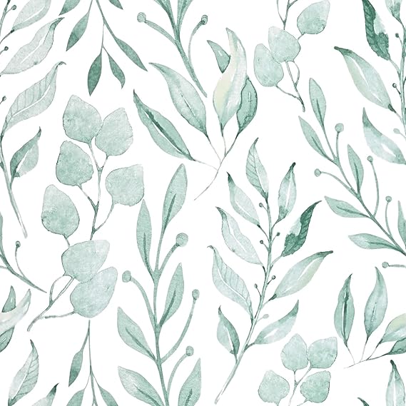 WENMER Green Leaf Wallpaper Floral Peel and Stick Wallpaper 17.7" x 118" Self Adhesive Watercolor Leaves Wall Paper Removable Floral Contact Paper for Cabinets Wall Decor