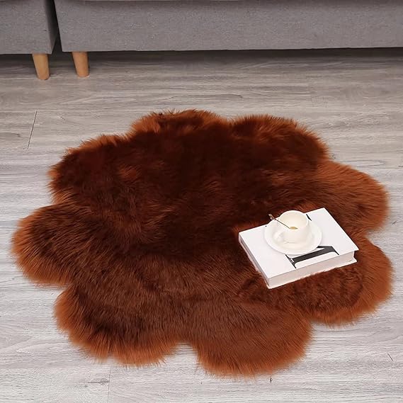 Plush Flower Faux Fur Area Rug Flower Shape Shaggy Carpet Brown Area Rugs Bedside Floor Carpet,Home Decorative Carpet Diameter 2 Feet