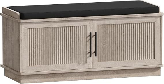 Akxomel 39.4" Fluted Shoe Storage Bench 2 Doors Wooden Entryway Bench Greige