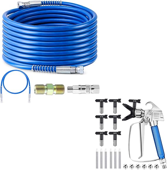 Airless Paint Sprayer Gun with 6Pcs Spray Tips & 50Ft Paint Sprayer Hose, 3600PSI Paint Sprayer Gun Spray Tip Paint Spray Hose with 5Ft Whip Hose for Airless Spraying Machine(211 313 415 515 517 623)