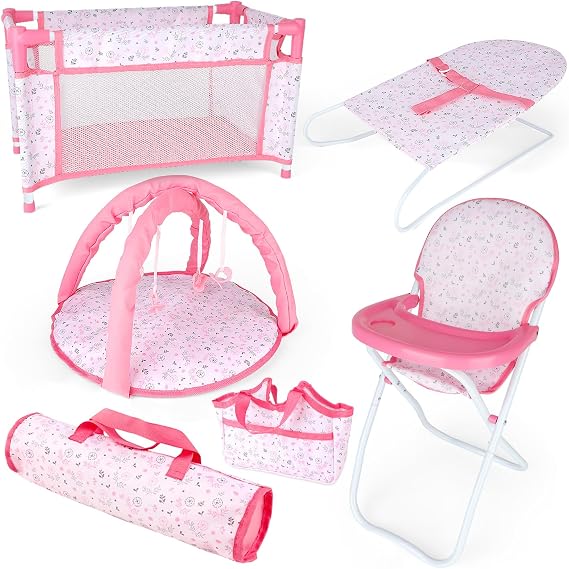 deAO Baby Doll Accessories12-14 Doll Playset with High Chair Crib Bed Storage Bag Handbag - 6 in 1 Pink Dolls Playset with Furniture Gifts for Girls