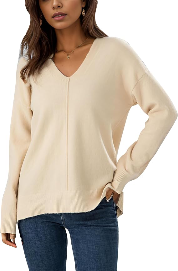 Simple&Opulence Womens V Neck Sweaters Long Sleeve Ribbed Soft Knit Pullover Cozy Lightweight Casual Tops
