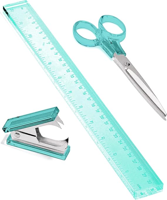 3 Piece Acrylic Desk Set - Includes Ruler, Staple Remover, Scissors - Functional & Elegant Desk Accessories - Stationery Tools for Home, Office, and School - Green with Silver Metal
