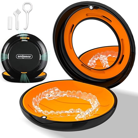Retainer Case with Mirror, Compatible with Invisalign, Aligner - Black | Portable for Travel-with Vent Holes, Secure Magnetic Closure, Slim & Cute, Accessories: Retainer Remover Tool, Seater, Brush