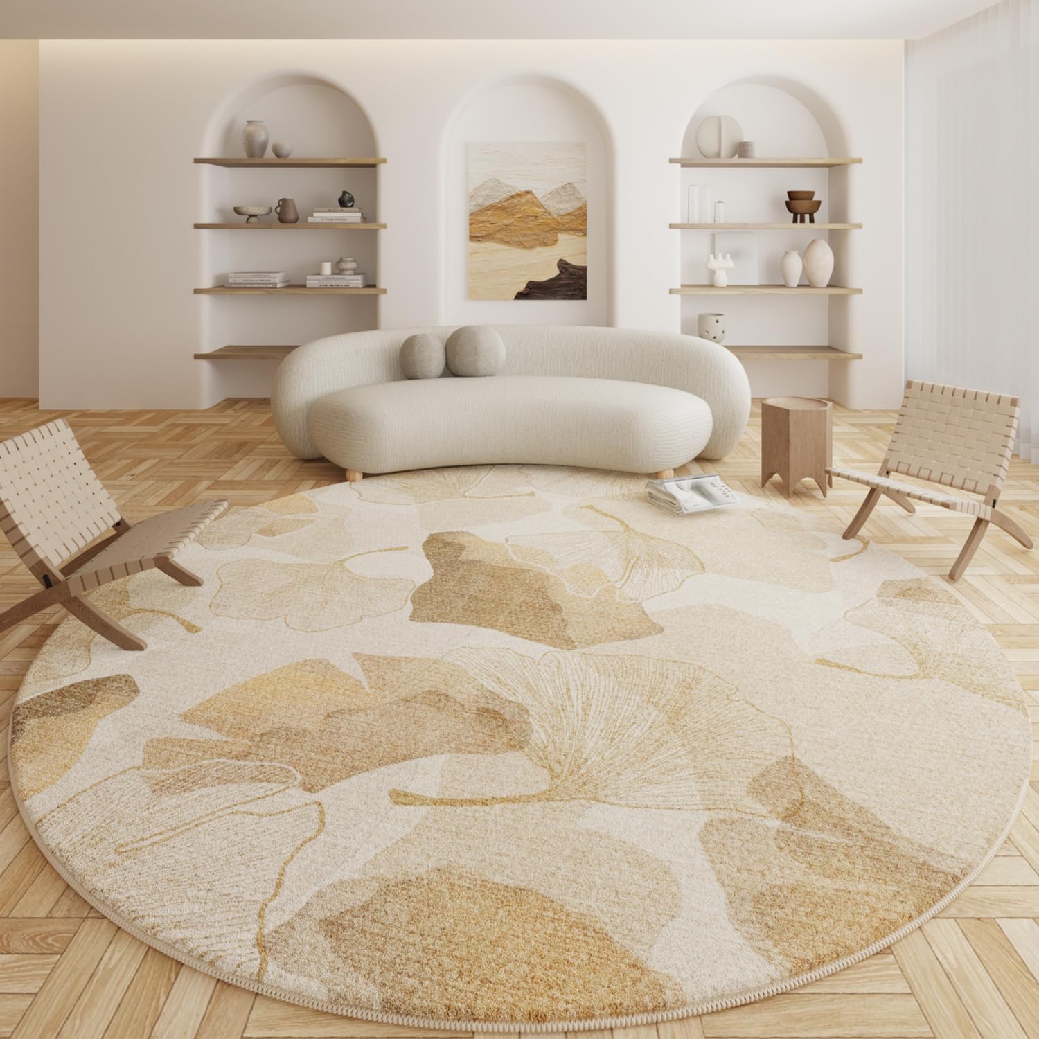 ABREEZE Fresh Style Wabi-Sabi Ginkgo Leaf Rug Imitation Cashmere Soft Fluffy Washable Non-Slip Round Rug for Bedroom Living Room 47x47"