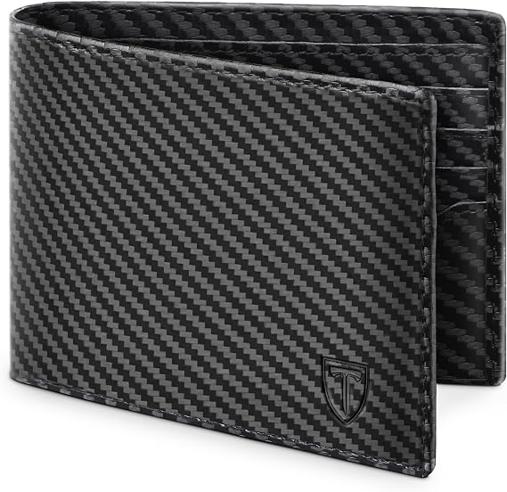 TEEHON Mens RFID Blocking Carbon Fibre Leather Wallet - Bi-Fold Card Wallet with 10 Card Slots, 2 ID Windows, 2 Cash Compartments - Black