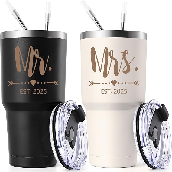 Gtmileo Mr & Mrs EST 2025 Stainless Steel Insulated Tumbler Set, Wedding Gifts for Couples, Bridal Shower Gifts - 30oz, Black&Beige